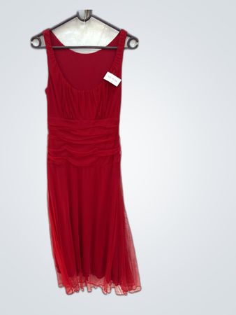 Red Ruchéd Midi Party Dress