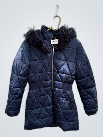 Navy Blue Puffer Jacket with Fur Hood