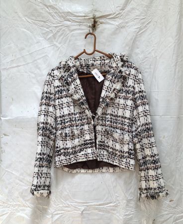 Zoe London Black and White Plaid Fringed Blazer