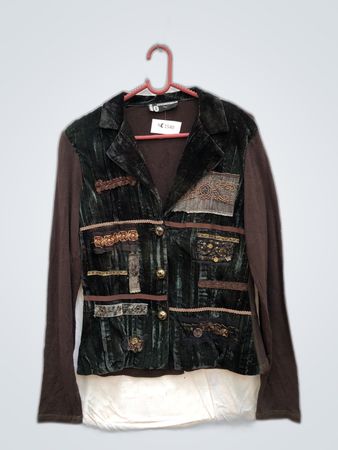 Velvet Patchwork Vest with Long Sleeve Shirt
