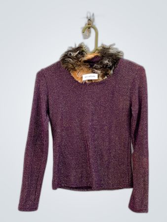 Purple Shimmer Knit Top with Fur Collar