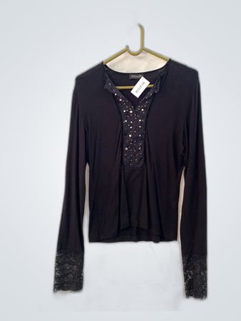 Stoop! Black Lace Detail Long Sleeve Blouse