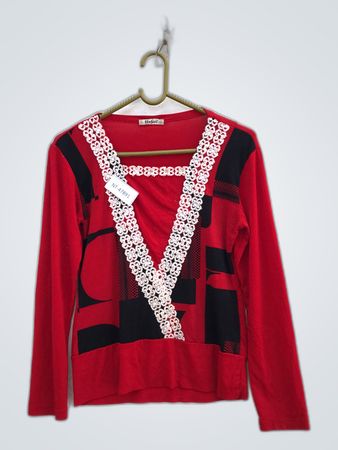 Bejin Red Lace Trim V-Neck Blouse