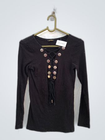 La Pia Black Lace-Up Long Sleeve Blouse