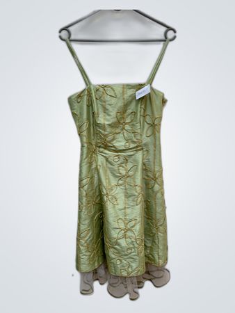 Green Satin Floral Embroidered Mini Dress
