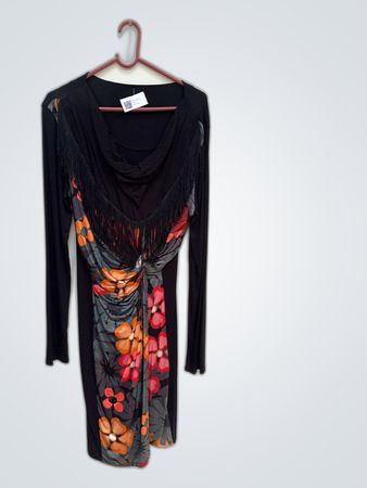 Boohoo Printed Fringe Long Sleeve Dress