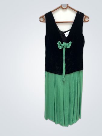 Black Velvet and Green Pleated Mini Dress