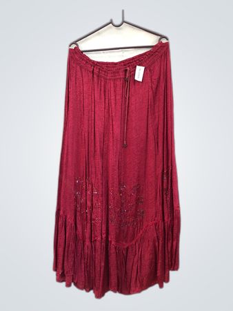 Red Embroidered Flowy Maxi Skirt