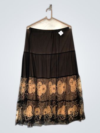 Black Tiered Skirt with Floral Embroidery