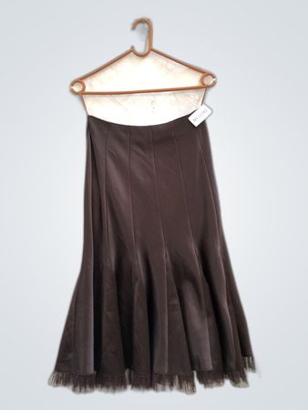Brown Flared Midi Skirt with Lace Hem