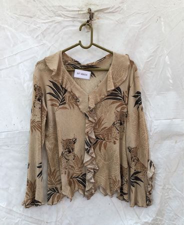 Unbranded Beige Leopard and Palm Print Ruffle Blouse