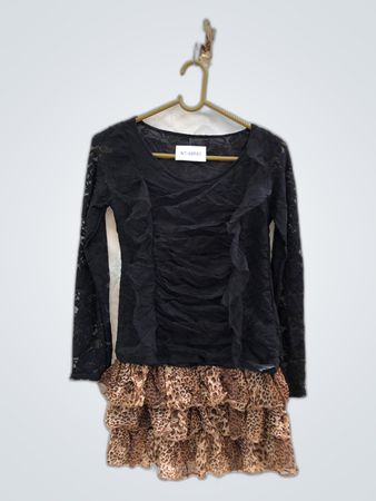 Unbranded Black Lace Ruffled Blouse with Leopard Hem