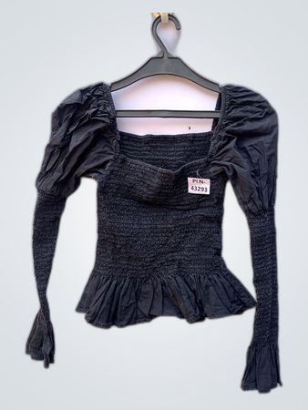 Black Smocked Puff Sleeve Blouse