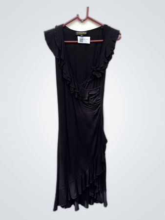 POMPOËS Black Ruffle Wrap Midi Dress