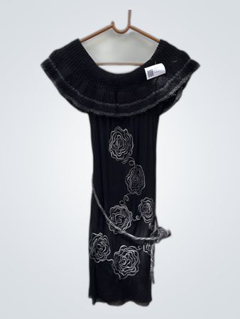 Black Off-Shoulder Ruffled Mini Dress with Floral Embroidery