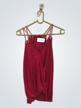 Red Satin Sleeveless Wrap Top