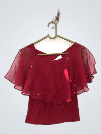 Unbranded Maroon Sheer Ruffle Shoulder Top
