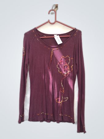 Unbranded Maroon Floral Embroidered Long-Sleeve Top