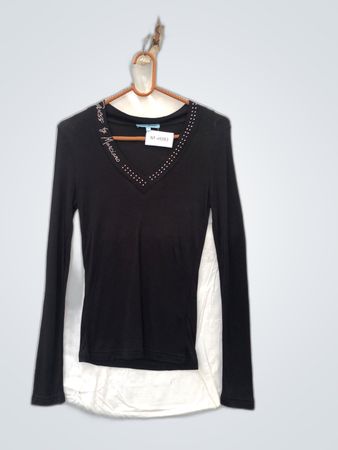 Guess by Marciano Black Rhinestone V-Neck Long Sleeve Top