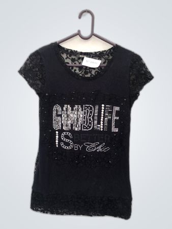Berge Black Lace Short-Sleeve Top with Sequined Graphic