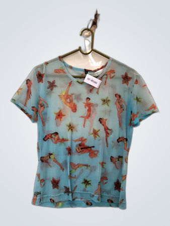 Unbranded Sheer Mesh Top with Pin-up Print