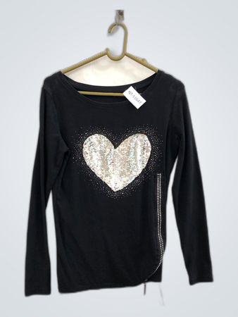 Black Long-Sleeve Top with Sequin Heart