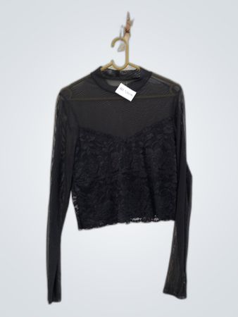 Unbranded Black Lace Mesh Long-Sleeve Top