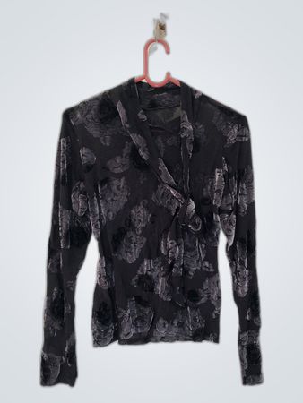 Black Floral Velvet Wrap Blouse