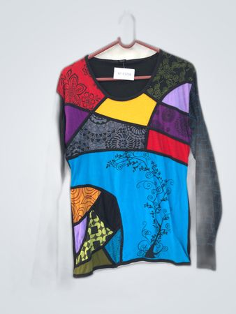 Unmarkierte mehrfarbige Patchwork-Bluse mit langen Ärmeln