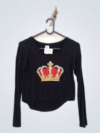 Black Cropped Long-Sleeve Top with Sequin Crown