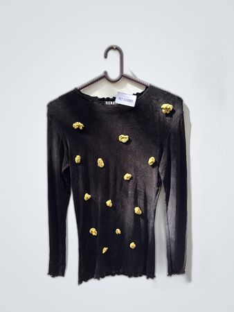 Benkeyey Black Long Sleeve Top with Yellow Pom-Pom Accents