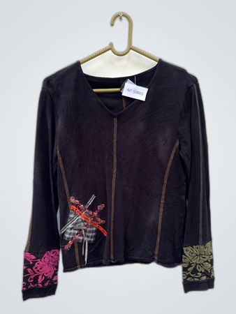 Black Long-Sleeve Top with Floral Details