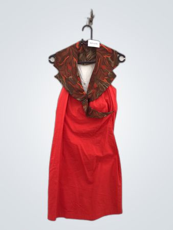 Red Dress with Brown and Orange Collar