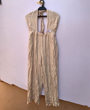 INTO Beige Crinkle Jumpsuit