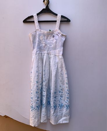 White Crochet Dress with Blue Floral Pattern