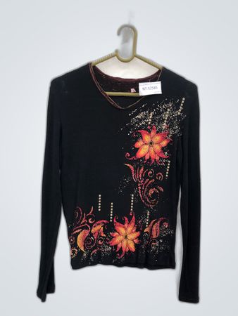 Black Long Sleeve Top with Floral Design