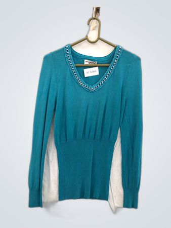 Teal Long-Sleeve Top with Crochet Trim