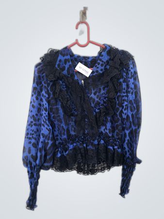 Blue Leopard Blouse with Black Lace Details