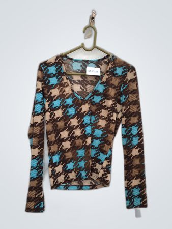 Unbranded Teal and Brown Houndstooth V-Neck Knit Sweater