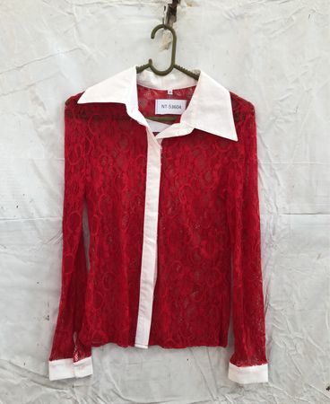 Red Lace Blouse with White Collar and Cuffs