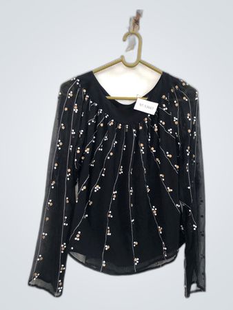 Black Long Sleeve Blouse with White and Gold Dots