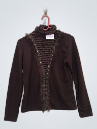 Brown Long-Sleeve Top with Ruffles and Lace Details