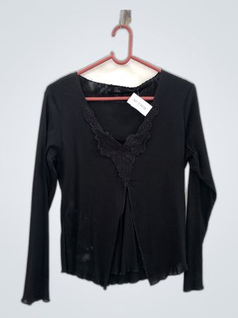 Black Long-Sleeve Top with Lace Trim