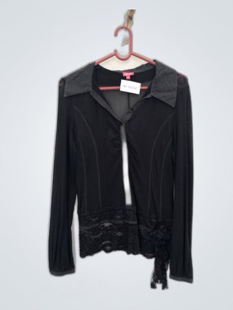 Phildor Black Lace-Trim Button-Down Blouse