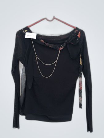 Black Long-Sleeve Top with Floral Accents