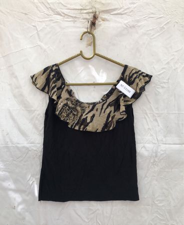 Black Top with Animal Print Collar