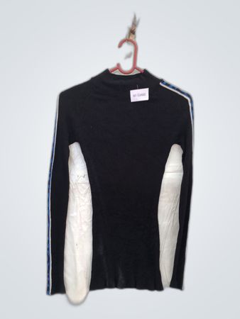 Long Sleeve Black Ribbed Top with Blue Accents