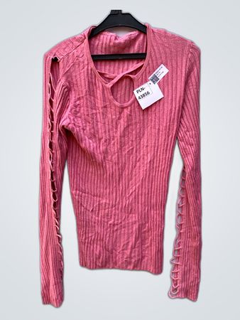 Pink Ribbed Knit Long Sleeve Top with Cut-Outs