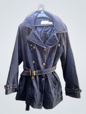 Navy Blue Trench Coat with Belt and Hood