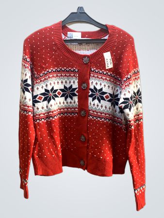 Red Knit Sweater with Snowflake Pattern
